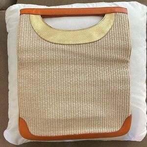 Buti Woven Straw Orange Gold Leather Envelope Semi Circle Handle Foldable Bag